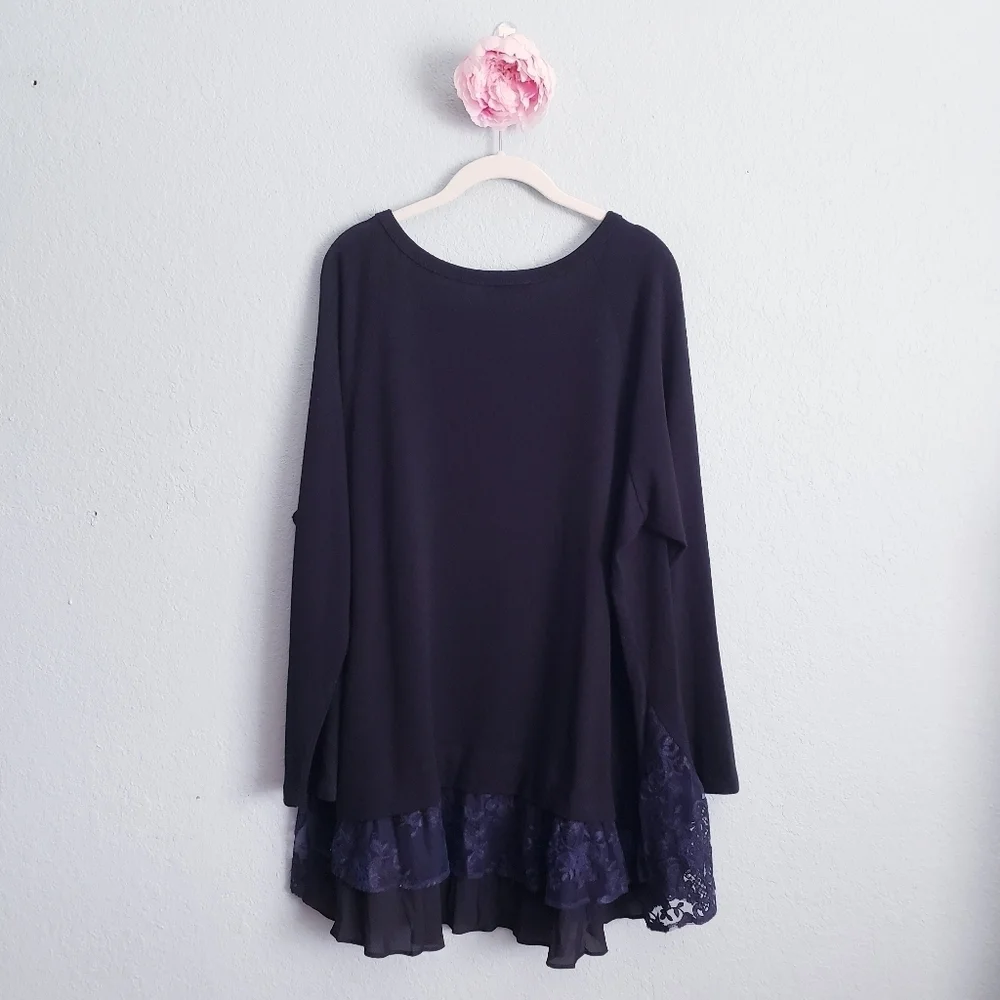 Karen Kane Black Light Sweater Tunic With Tiered Navy Floral Embroidered Lace